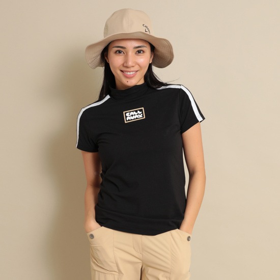ストレッチ天竺半袖モックネックシャツ (WOMENS)
